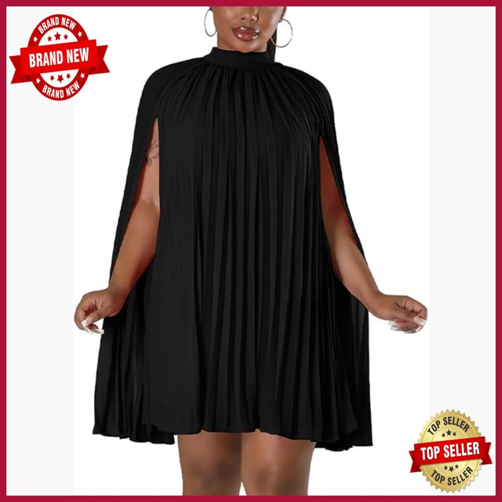 Cape Sleeve Pleated Split Mini Dress Cocktail Party Flowy Chiffon